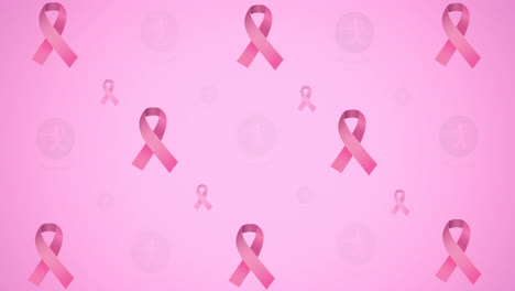 Animation-of-multiple-pink-ribbon-logo-and-breast-cancer-text-glowing-on-pink-background