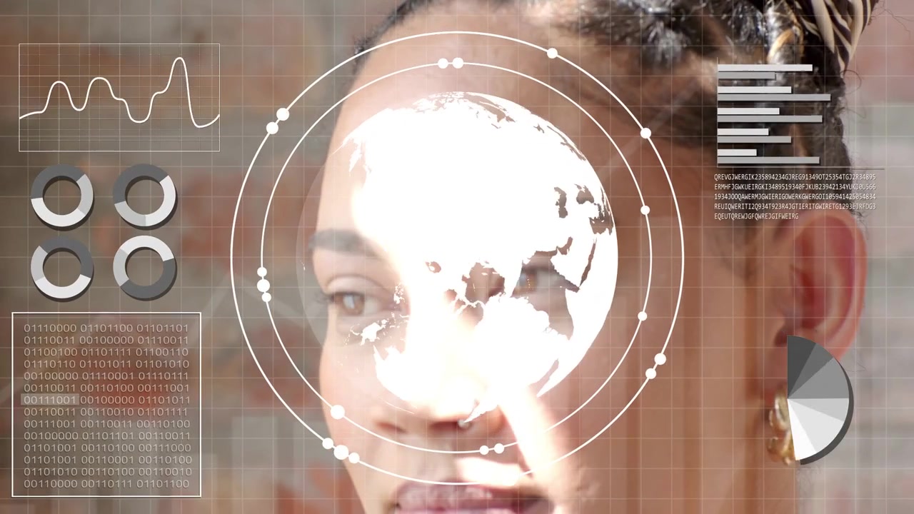 Woman posing by brick wall, halo sparking globe crossing face, charts syncing then fading for tech