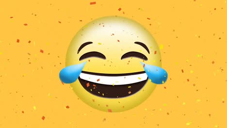 Animation-Von-Konfetti,-Die-Weinend-Vor-Freude-Umfallen,-Emoji-Auf-Gelbem-Hintergrund