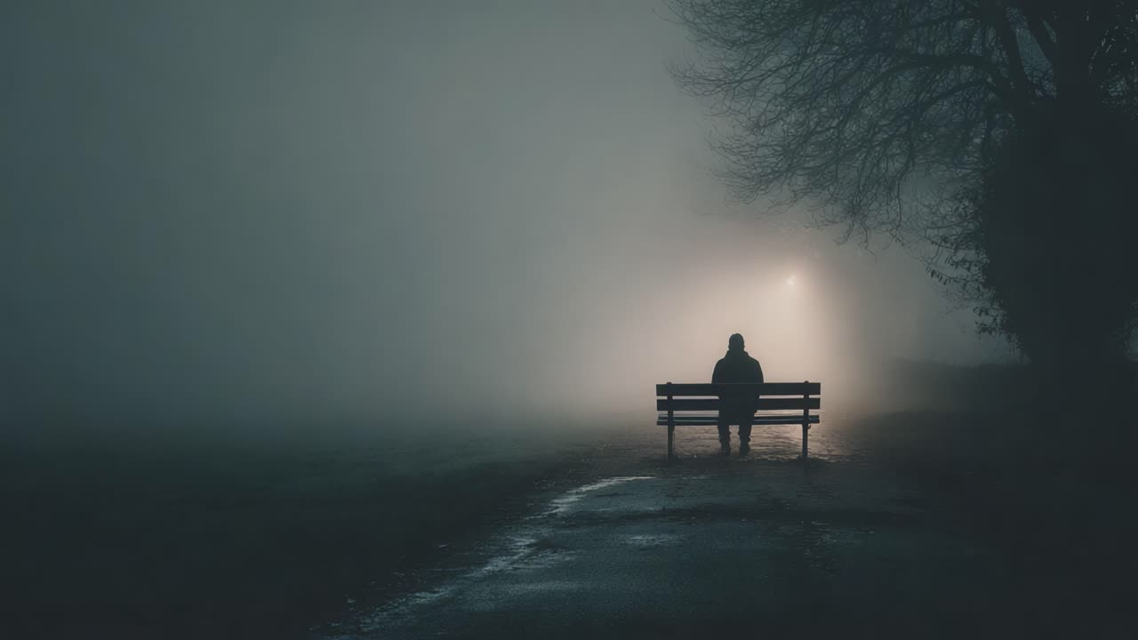 A solitary figure sits on a bench shrouded in mist, the soft glow of a distant light illuminating the surrounding fog, creating a tranquil yet mysterious atmosphere