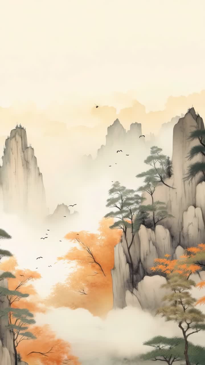 Vista aerea di montagne serene e nebbiose con alberi autunnali, realizzata con la tradizionale tecnica dell'inchiostro asiatico