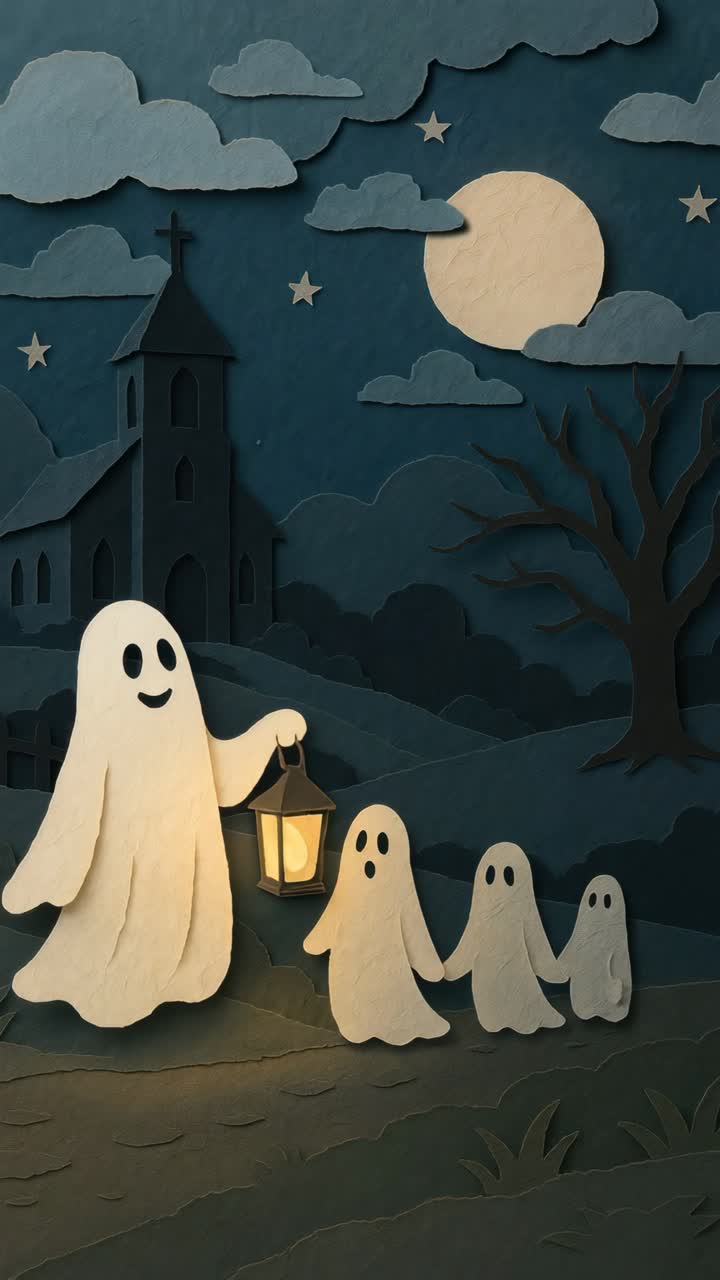 A whimsical, low-angle video concept featuring paper-cut ghosts holding lanterns, set