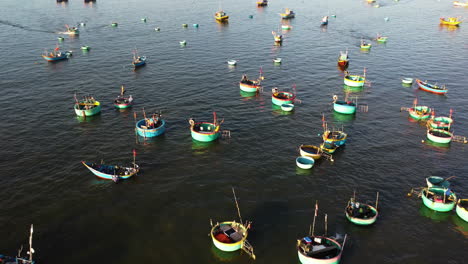 aerial, traditional round vietnamese fishing boats moored, floating on ocean