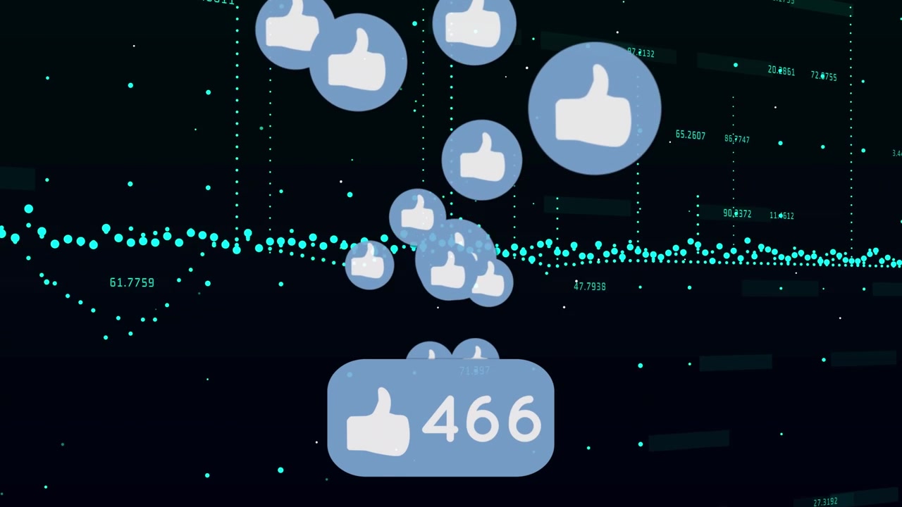 Animazione di reazioni dei social media su dati finanziari su sfondo nero