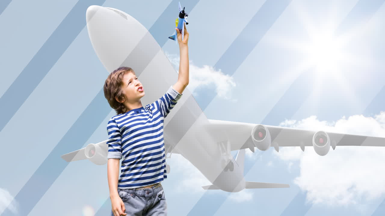 비행기 위 에 비행기 장난감 을 가지고 놀고 있는 행복 한 백인 소년 의 애니메이션