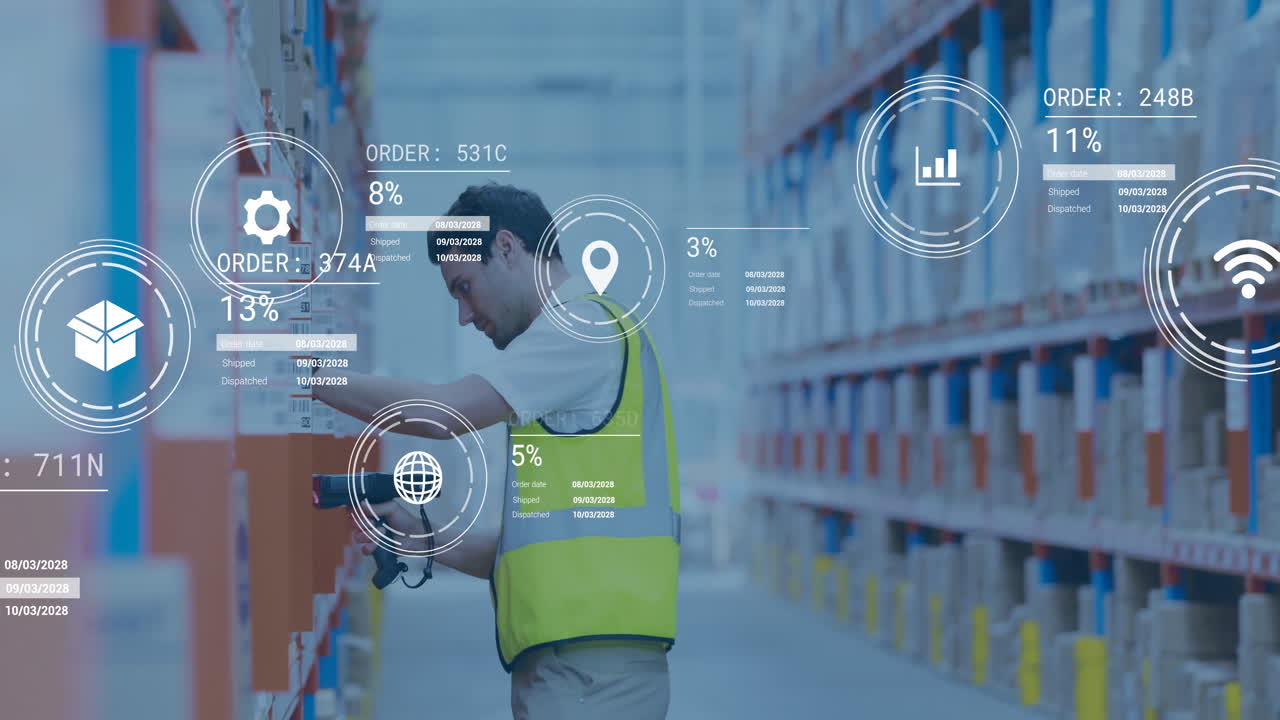 Scanning packages, warehouse worker using digital animation for data processing