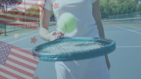 female tennis player posing on court with racket, displaying stripes and stars for sports marketing