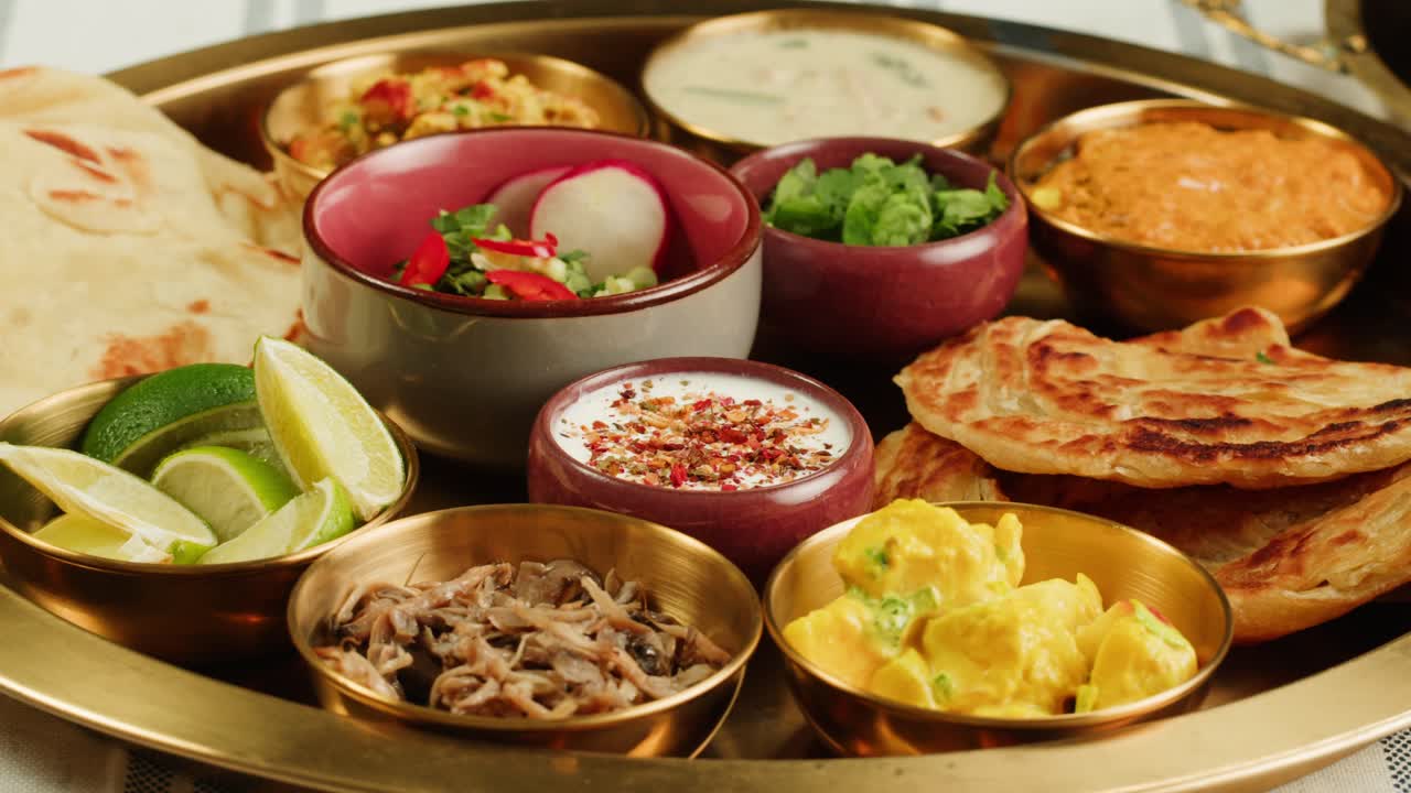 Assorted indian sri-lanka food set on wooden background. Dishes and appetisers of indeed cuisine, rice, lentils, paneer, samosa, spices, masala. Bowls and plates with indian food top view chicken. High quality 4k footage