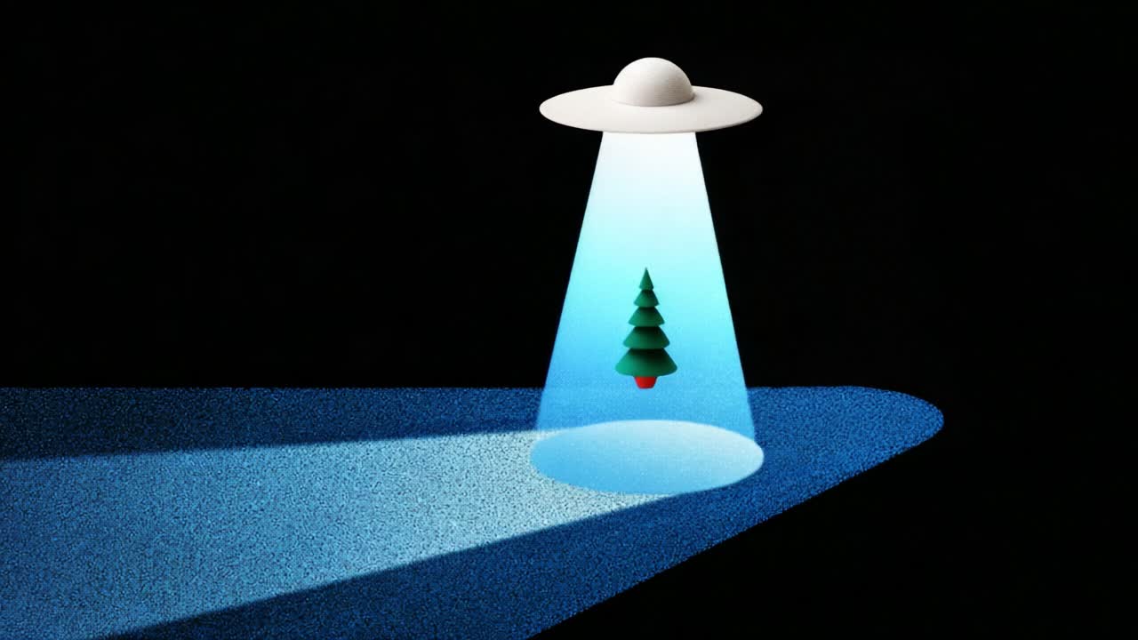 An imaginative scene depicting a flying saucer with a beam of light shining down on a Christmas tree, illustrating an intriguing blend of extraterrestrial themes and holiday spirit in a surreal visual