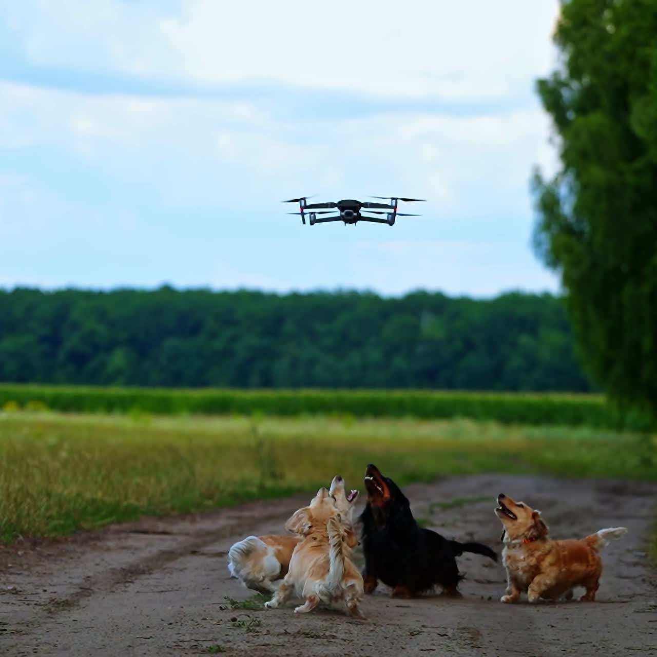 Dogs jumping to flying drone