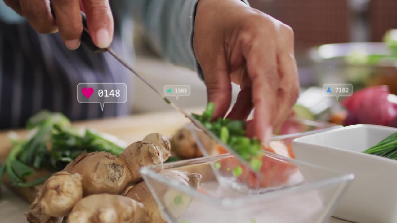 Cook using knife and slicing green beans while gaining social media engagement with rising hearts