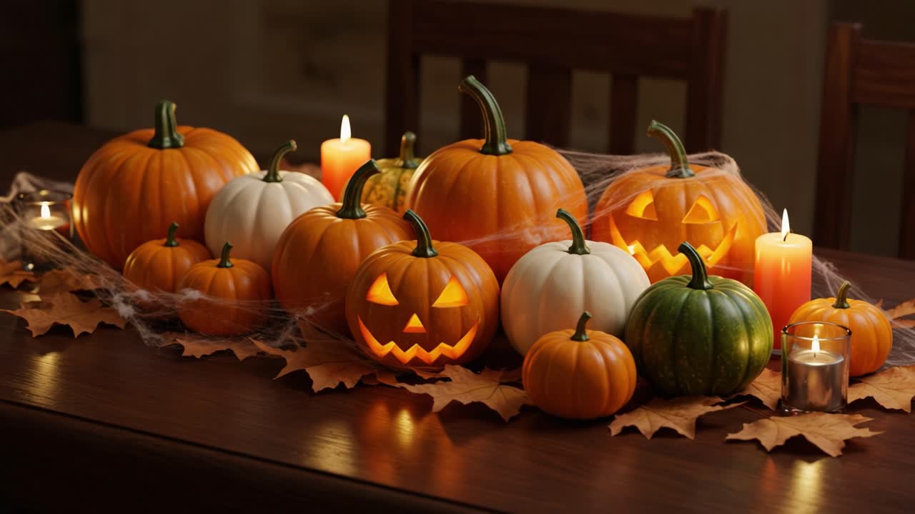 A Festive Display of Jack-O'-Lanterns and Pumpkins Surrounded by Candles and Autumn Leaves, Perfectly Capturing the Spirit of Halloween Celebrations
