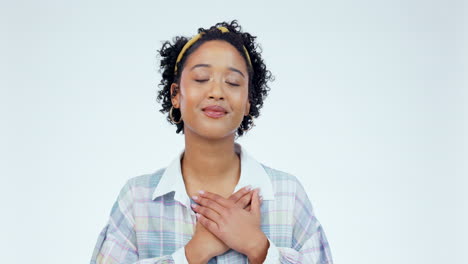 woman, face and thank you with hand on chest