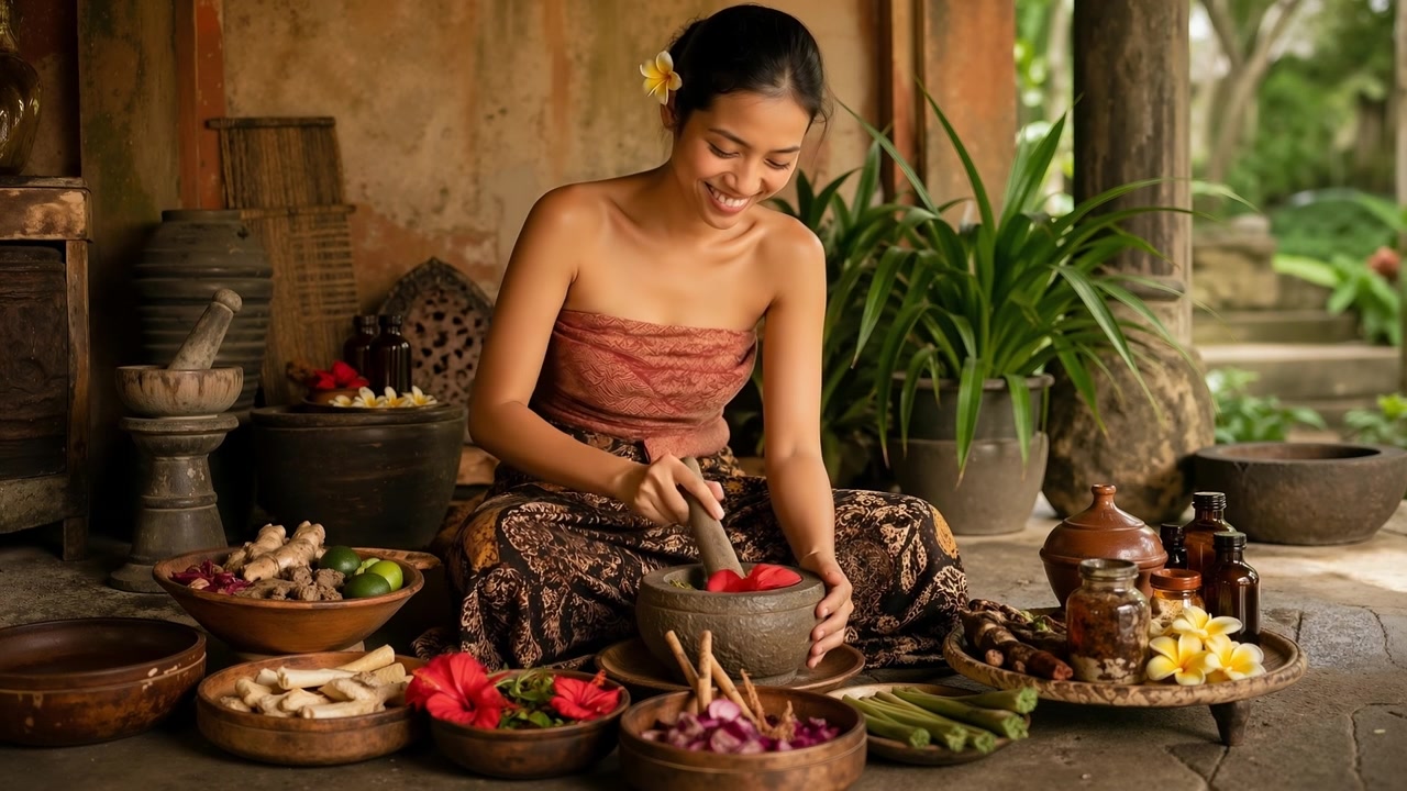 Femme en tenue traditionnelle préparant des remèdes à base de plantes avec un mortier et un pilon en extérieur.