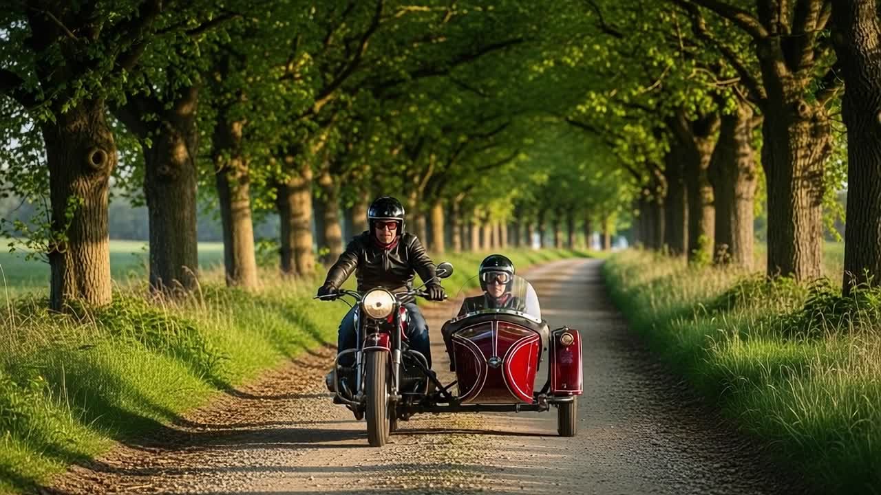 A Thrilling Ride Through Nature: Captivating Moments on a Vintage Motorcycle with Sidecar, Embracing Adventure and Companionship Amidst Lush Greenery