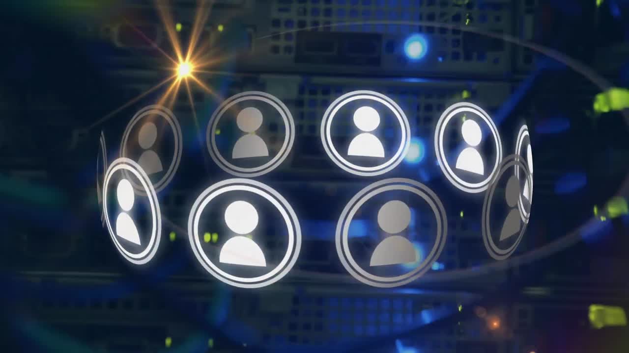 animación de un haz de luz con iconos de perfil que se mueven en círculo sobre el servidor de computadora