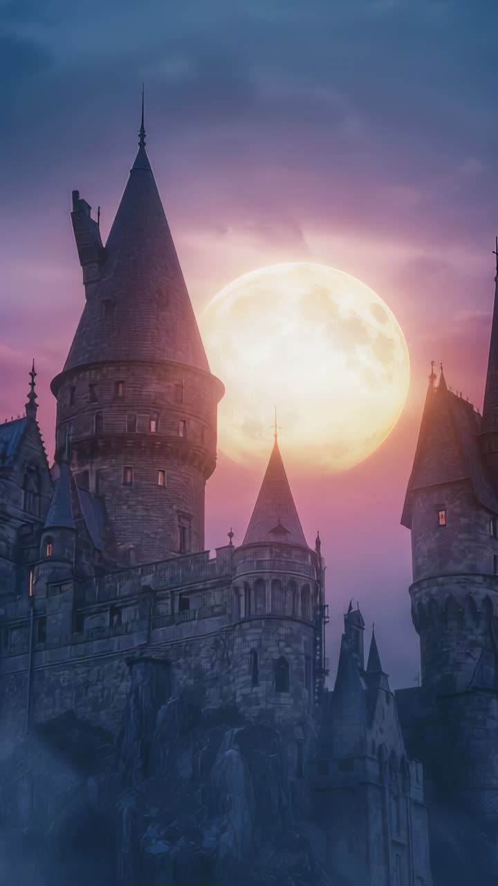 Vídeo vertical: Luna llena saliendo e iluminando un castillo gótico de noche, nubes desplazándose y niebla acumulándose