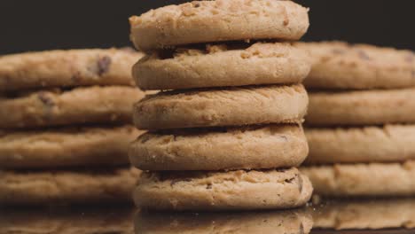 Close-Up-Shot-of-a-Piles-of-Chocolate-Chip-Cookies-Rotating-