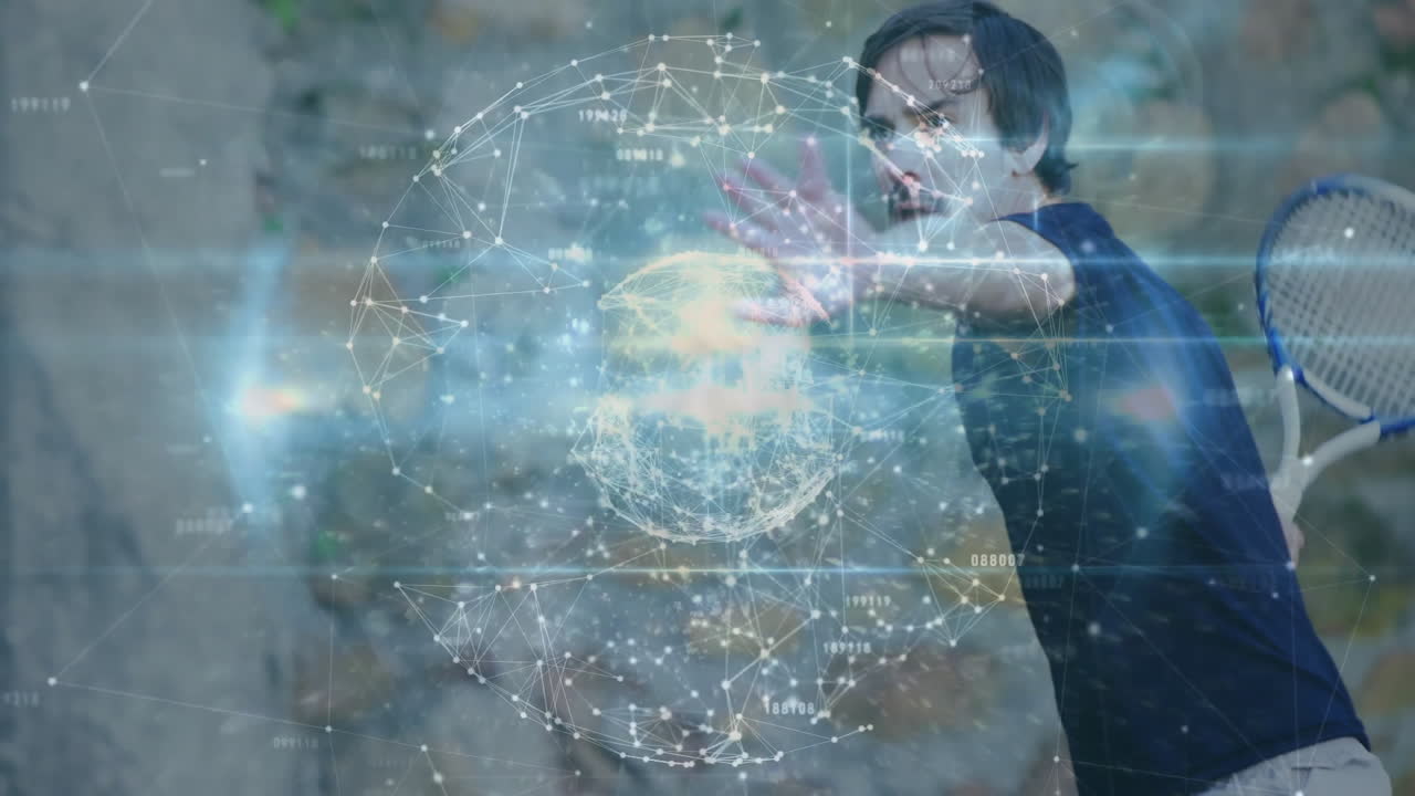 man swinging tennis racket outdoors, with holographic sphere displaying network nodes in tech demo