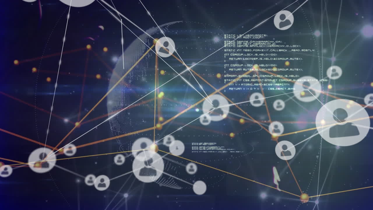 Animation of network of connections with people icons over globe on dark background