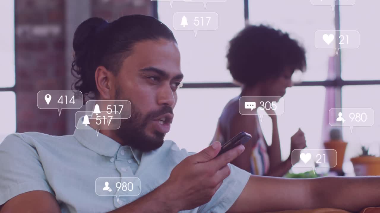 Animation of social network notifications over biracial man using technology