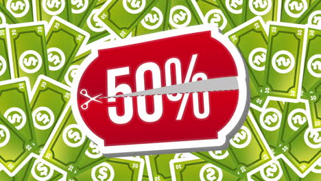 50% off discount tag on dollar bills