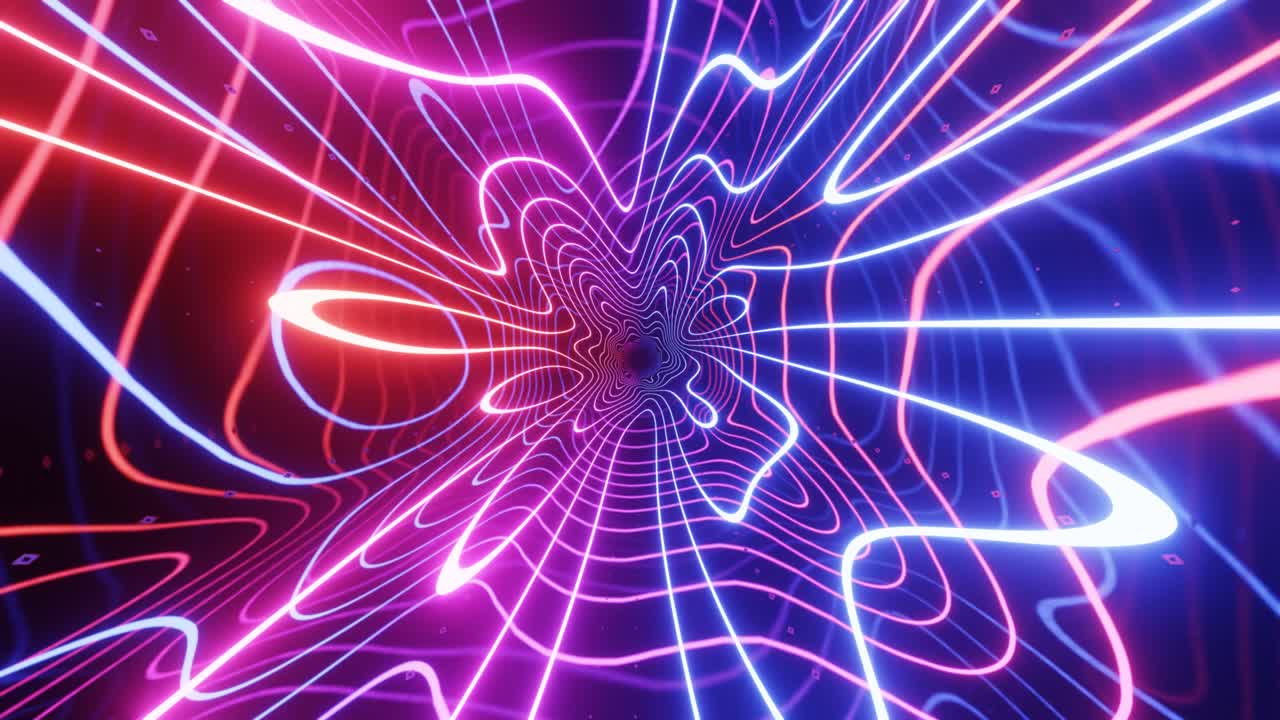 túnel de ciencia ficción de neón de alta tecnología. líneas de brillo de neón a la moda forman patrón y construcción en túnel de espejo. patrón de ciencia ficción con marcos de brillo. volar a través del ciberespacio tecnológico. 3d en bucle sin costuras 4k bg.