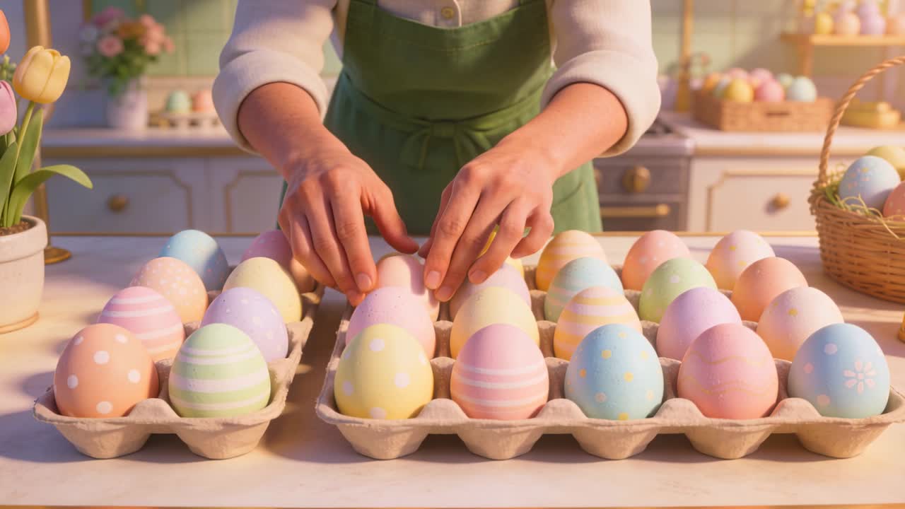 Reaching hands wearing green apron picking up eggs at kitchen counter, arranging trays for display