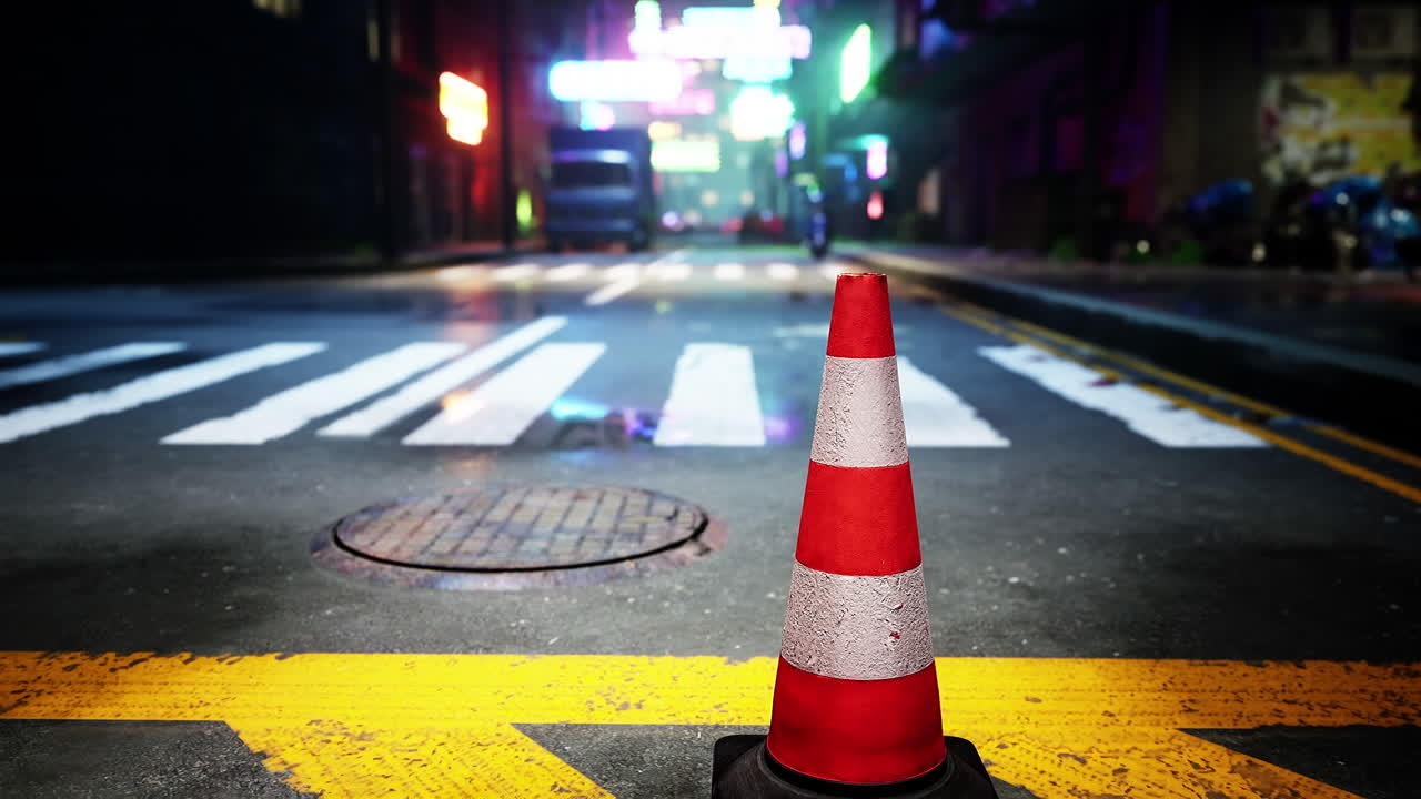 사이버크 도시의 비가 오는 밤의 거리 장면