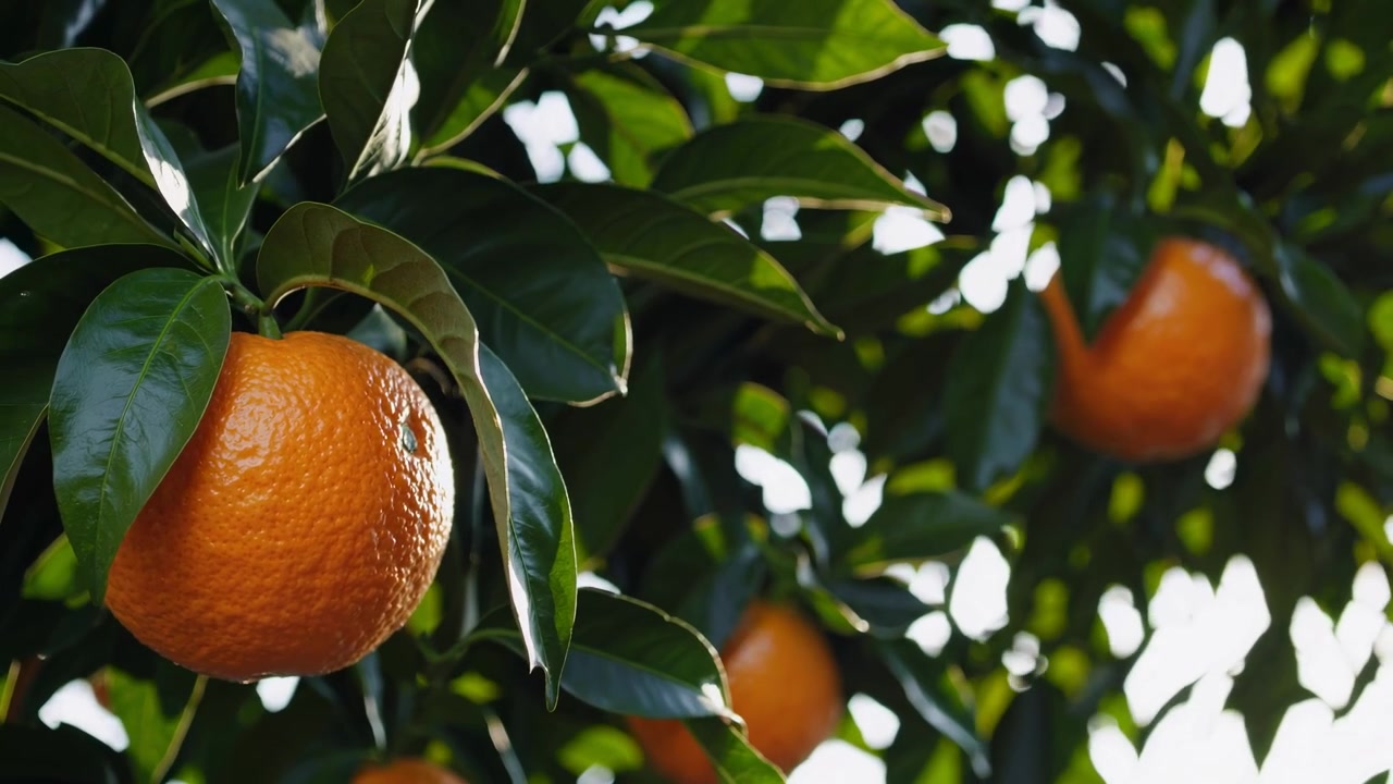 Arance mature appese a un albero in un frutteto soleggiato