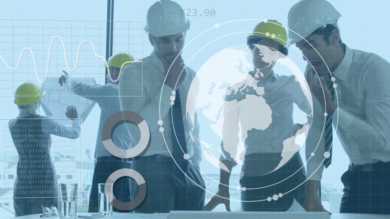 High-rise trio reviewing project plans as team tapping tablet, causing globe and graphs animating