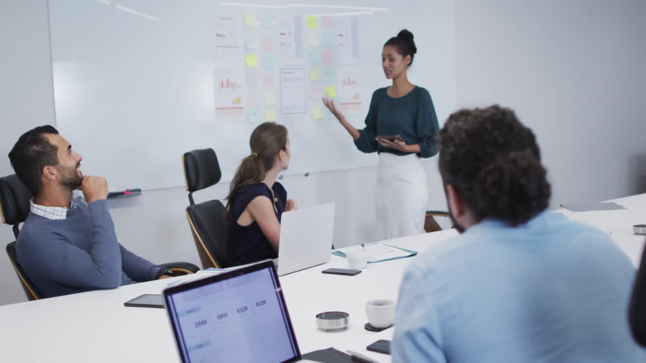mujer india dando una presentación frente a sus colegas de oficina en la sala de reuniones en la oficina