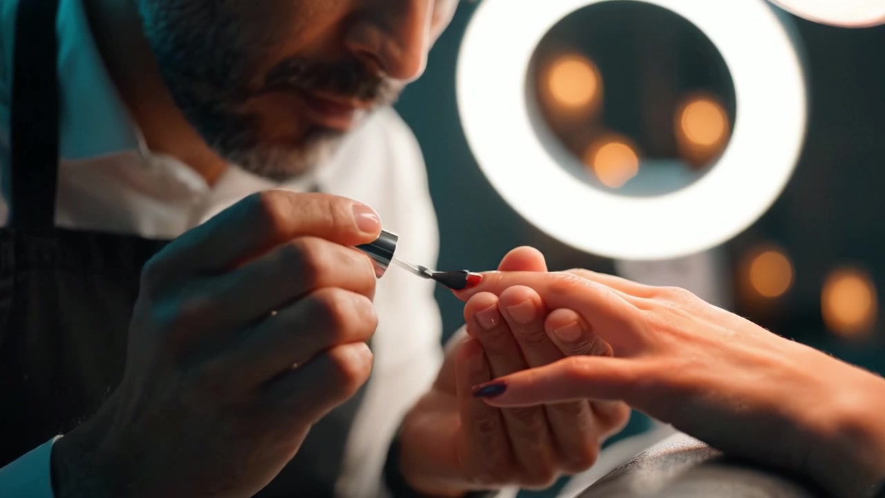 Onicotecnica professionista che applica uno smalto rosso vivace sulla mano di una cliente, mostrando attenzione ai dettagli e bellezza estetica in un moderno salone.