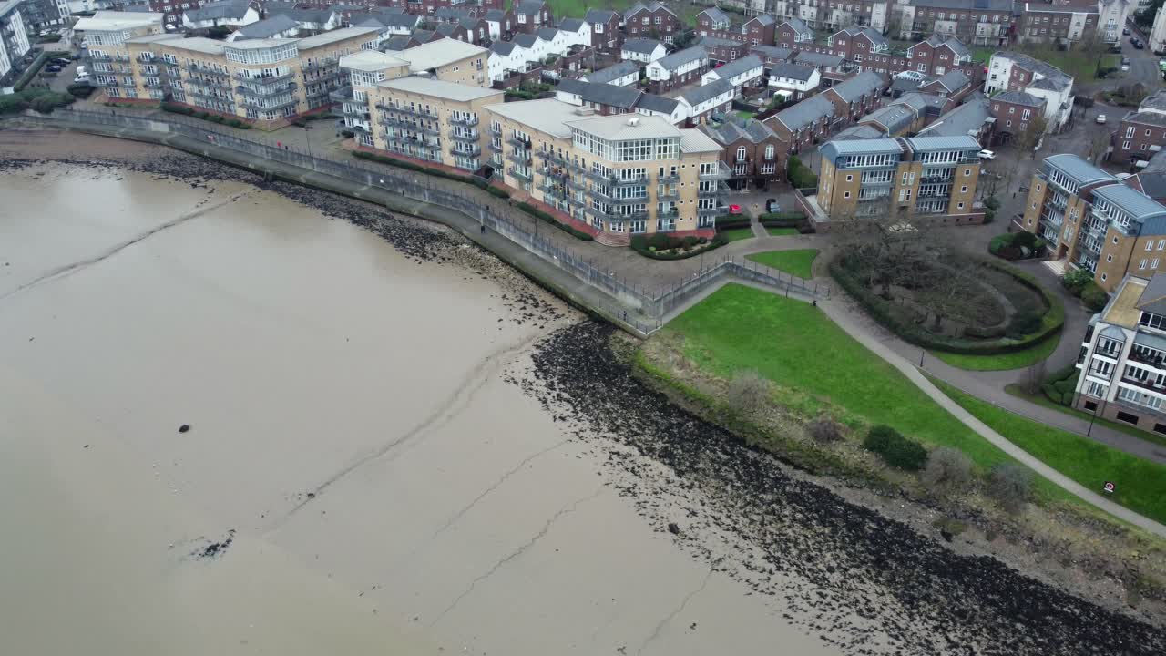 Aerial view of buildings near the sea