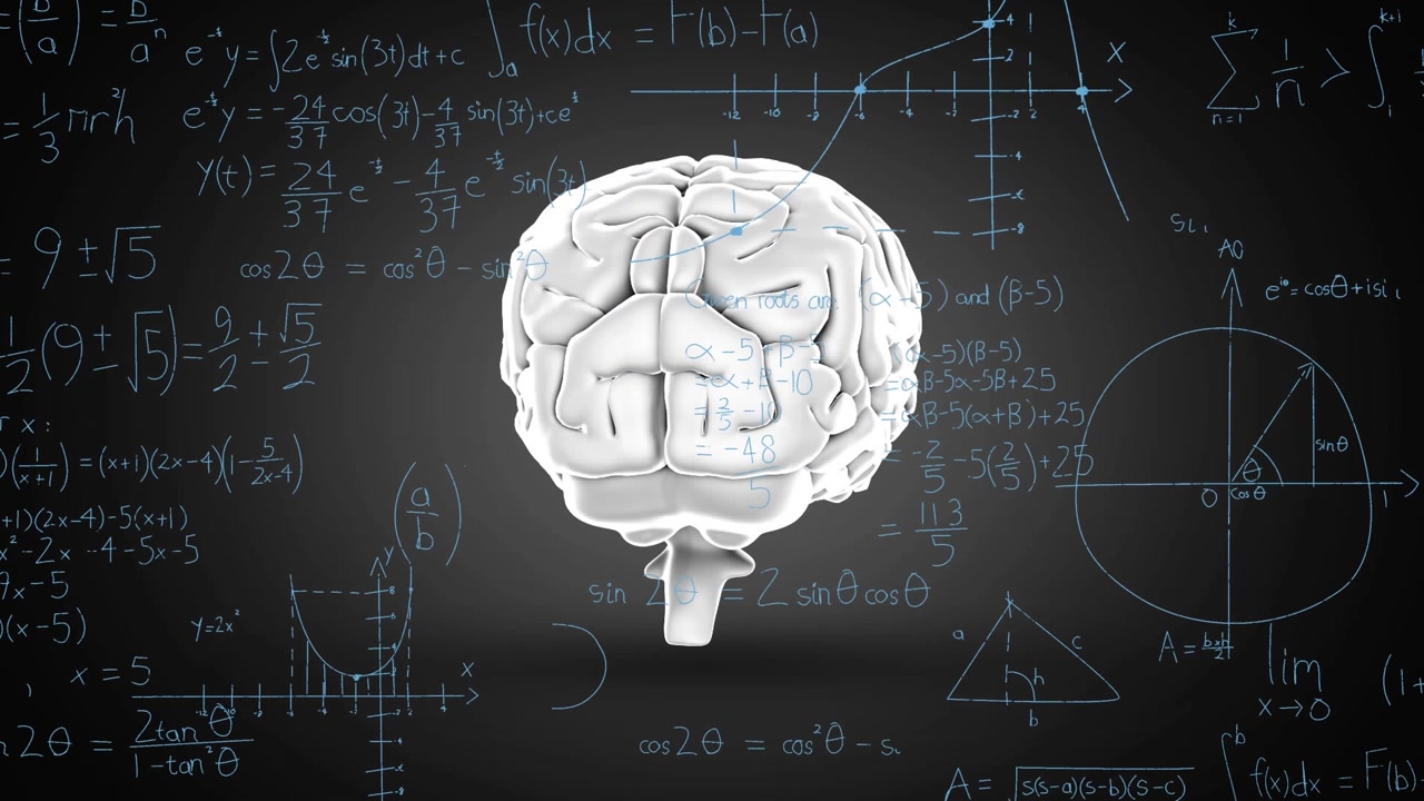 Animazione di equazioni matematiche su icona di cervello umano rotante su sfondo nero