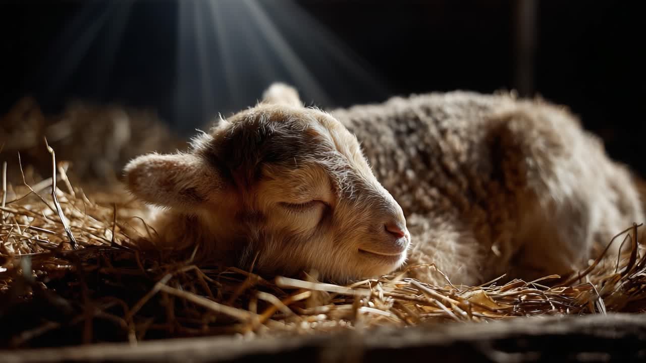 A Gentle Young Lamb Resting Peacefully in Soft Hay, Bathed in Warm Light, Capturing the Essence of Tranquility and Innocence in Its Natural Habitat