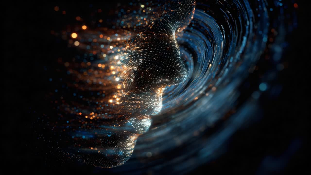 A mesmerizing visualization of a dynamic human profile made from luminous particles and swirling energy, capturing the essence of technology blending with human emotion in a breathtaking digital artwork