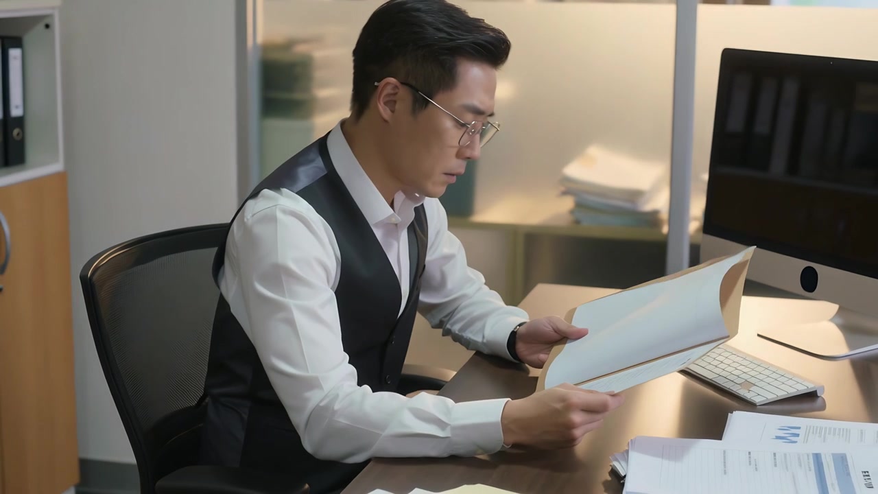 Opening tan folder, man in white shirt, dark vest reviewing blue charts at desk preparing report