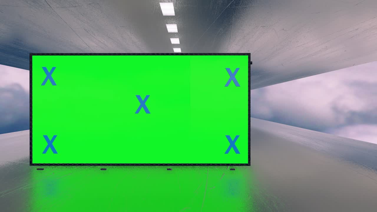 녹색 스크린과 추적 마커를 가진 광고판, 광고, 홍보를 위한 비디오 모형, 파란 하늘, 구름과 함께 큰 보드, 시간 지연.