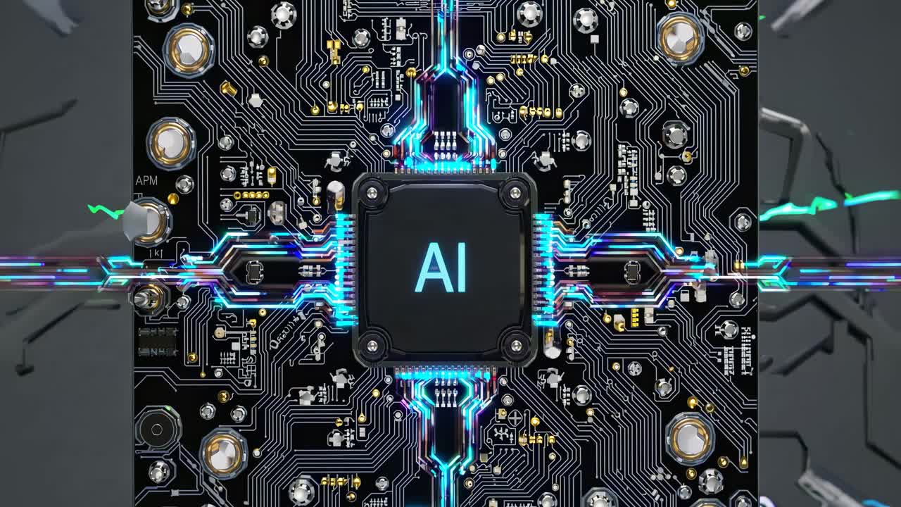 Top-down view of a glowing AI circuit board, showcasing intricate electronic pathways