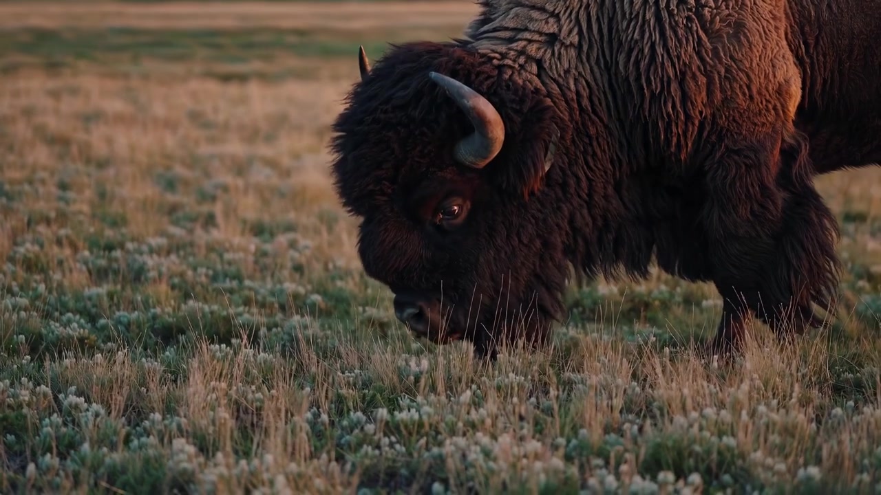 American Bison Grazing in a Grassy Meadow at Sunset