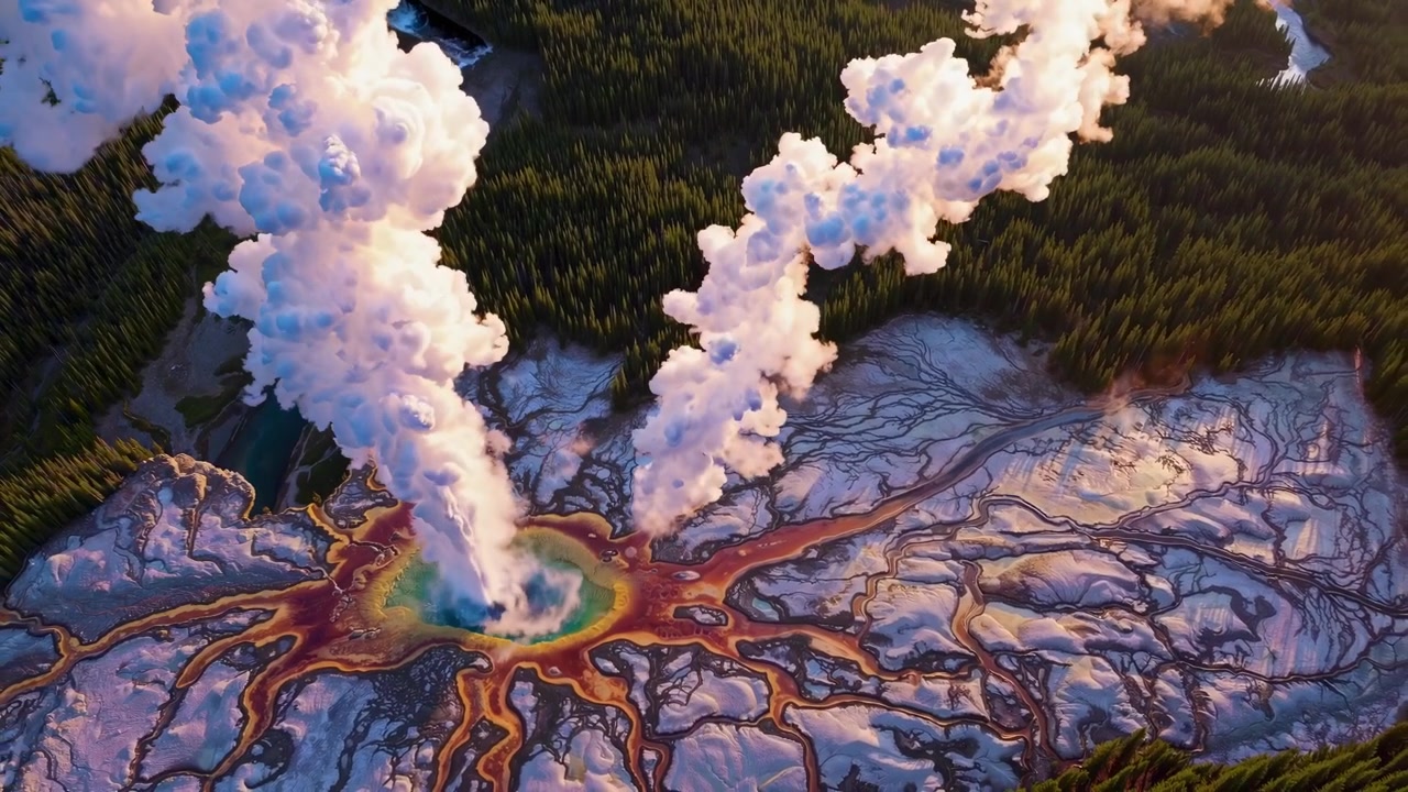 Flygfoto över ångande geotermisk varm källa i Yellowstone nationalpark