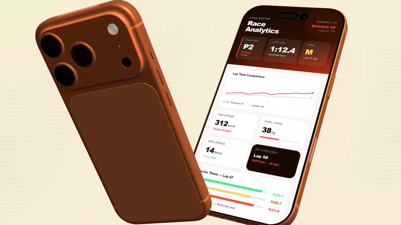 Modern Orange Smartphones Displaying Race Analytics and Creative Portfolio Apps