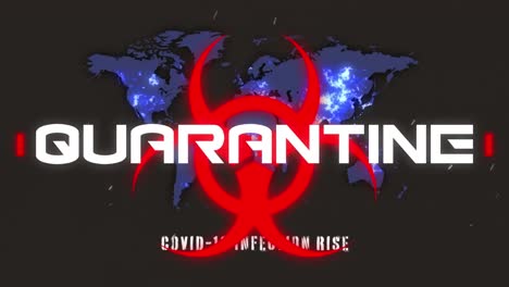 animation of covid 19 text and biohazard symbol over world map