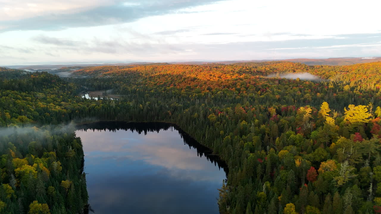 Drone view of a colorful autumn forest with mountains, lake, and river at sunrise in Mauricie, Quebec, Canada. Warm morning light highlights vibrant fall foliage and peaceful landscape