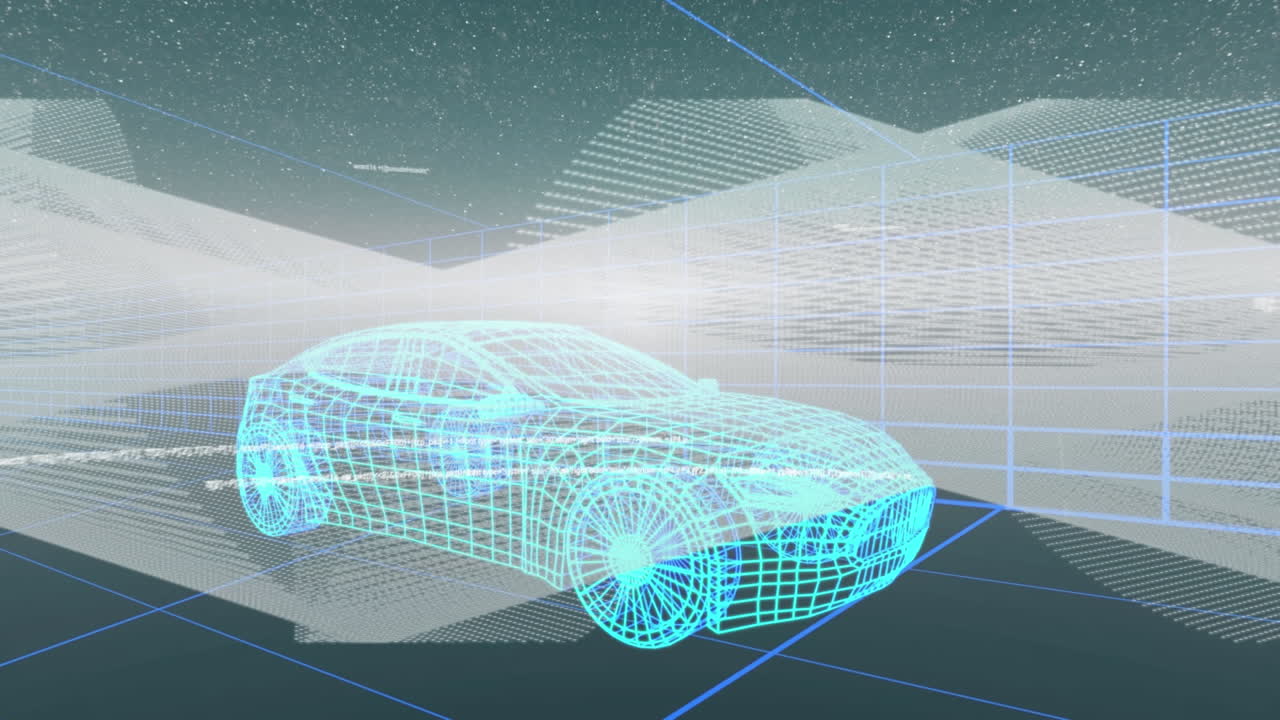 dibujo técnico 3d del coche con procesamiento de datos sobre la cuadrícula en el fondo