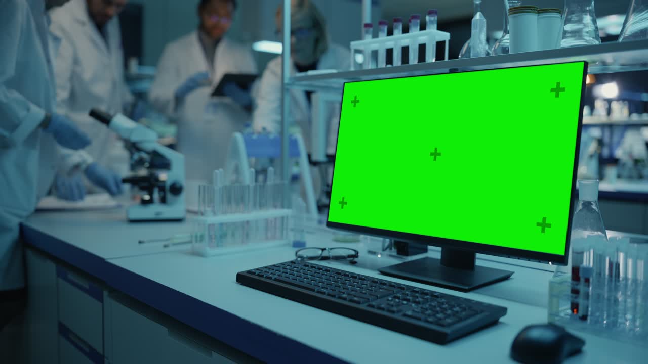 computadora de escritorio con pantalla verde simulada en la pantalla de visualización. un equipo diverso de científicos de investigación médica se reúnen y llevan a cabo experimentos en el laboratorio de investigación médica en el fondo.