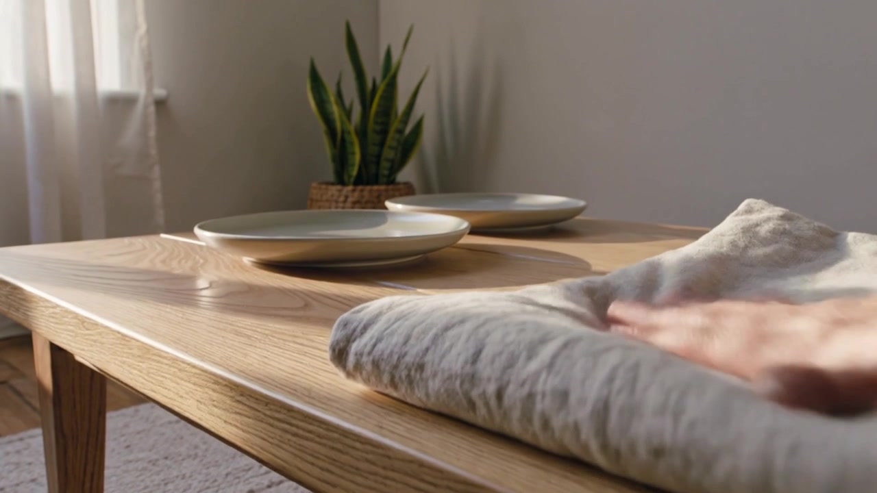 Hand entering smoothing linen on wooden table at home, readying table with two plates, copy space