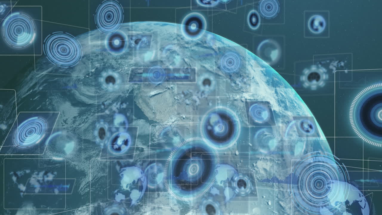 animación del procesamiento de datos sobre el globo sobre fondo azul