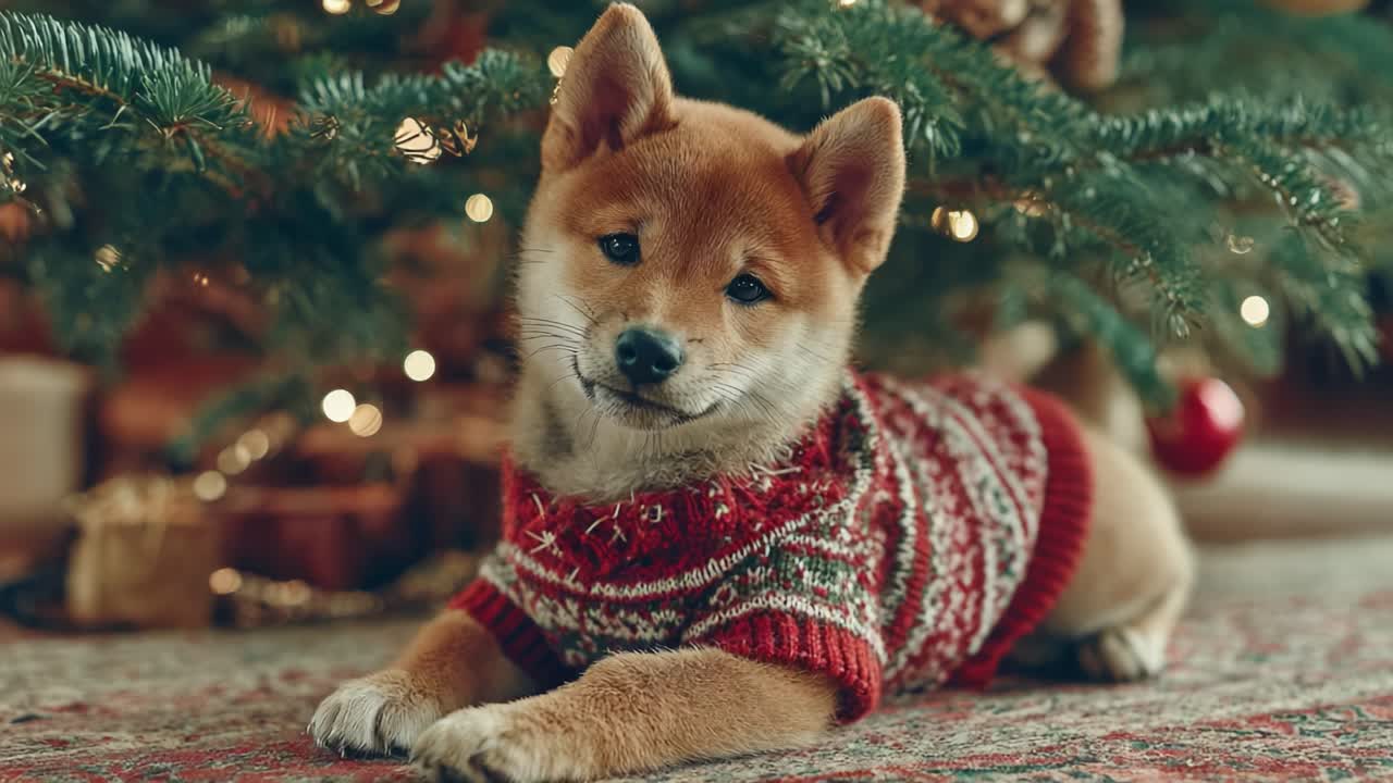 Adorable Shiba Inu Puppy Relaxing Under the Christmas Tree in a Cozy Sweater, Surrounded by Festive Decor and Holiday Cheer, Perfect Pet Holiday Moment